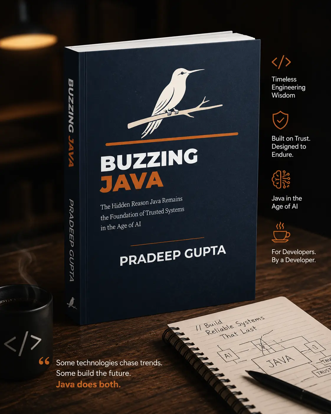 Buzzing Java book cover, styled as a physical hardcover on a desk with a coffee mug and notebook sketching Java's role in AI-era systems